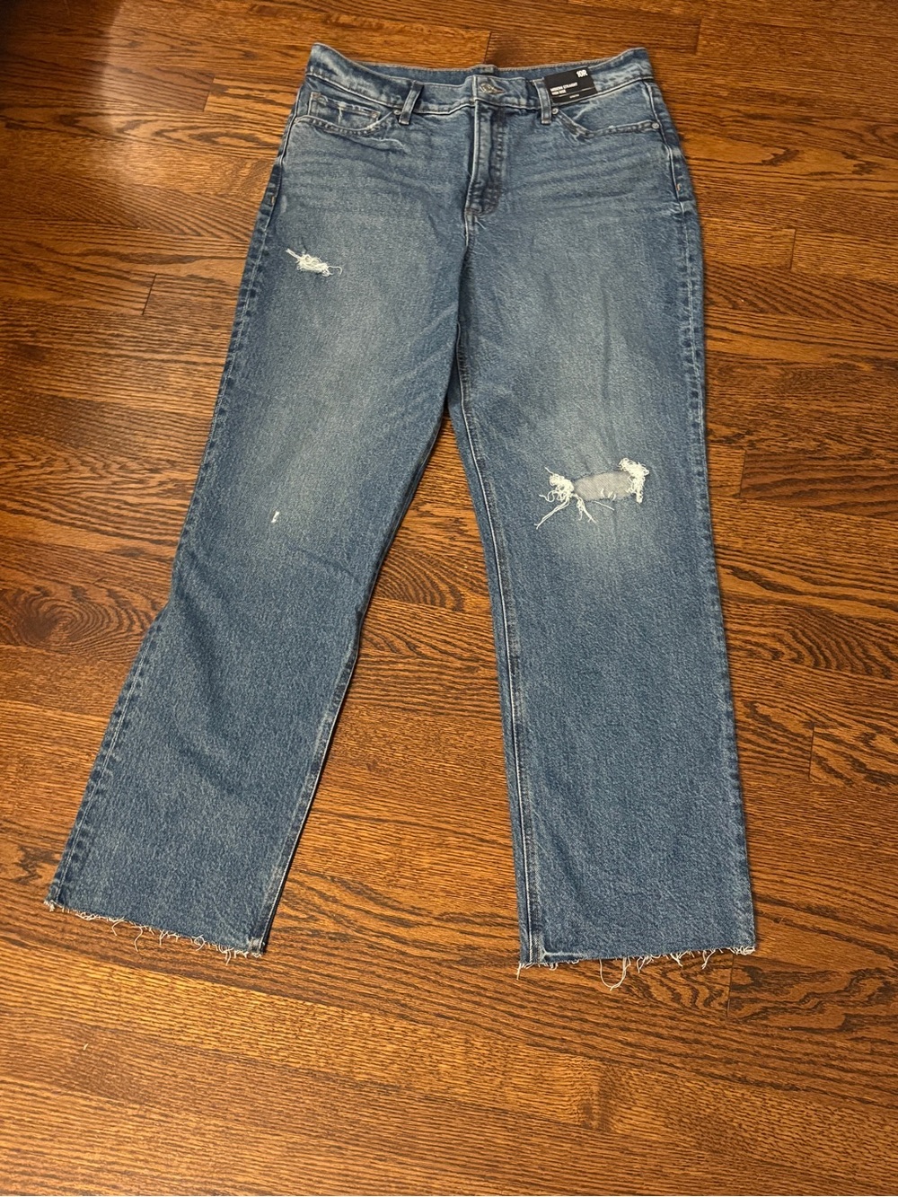 Express Women's Distressed Blue Straight-Leg High Rise Jeans